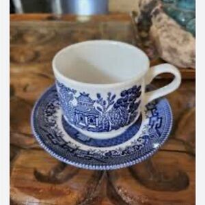 Staffordshire Churchill blue willow fine english cup and saucer